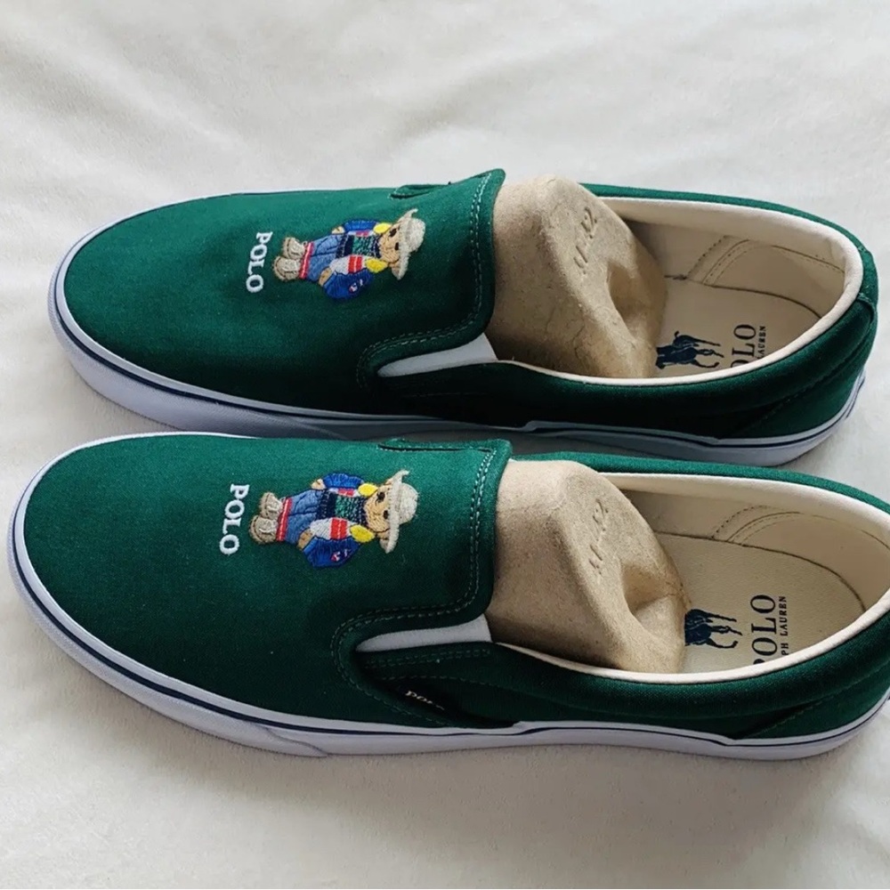 Ralph Lauren Green Canvas Slip-Ons with Bear Embroidery